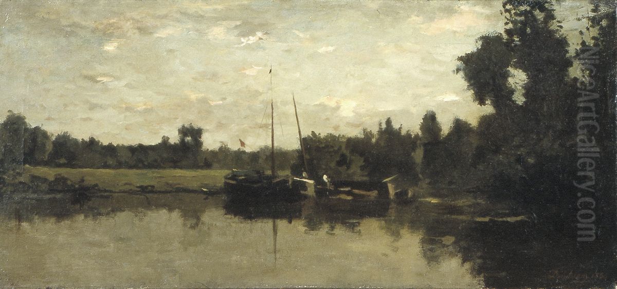 Landschap met schepen op een rivier in de avond Oil Painting by Charles-Francois Daubigny