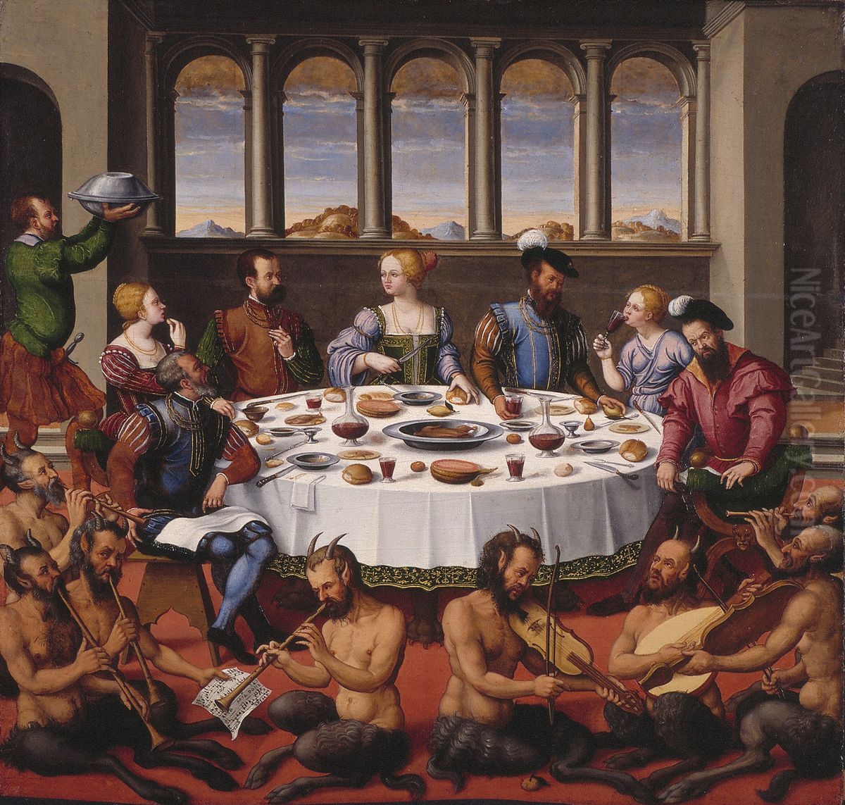 Interieur met gezelschap aan tafel en musicerende saters Oil Painting by Girolamo da Santacroce