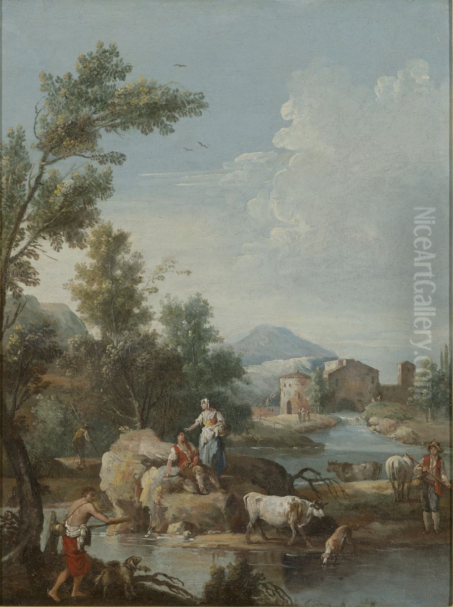 Italiaans landschap met rivier, figuren en vee Oil Painting by Giuseppe Zais Italiaans landschap met rivier, figuren en vee Oil Painting by Giuseppe Zais