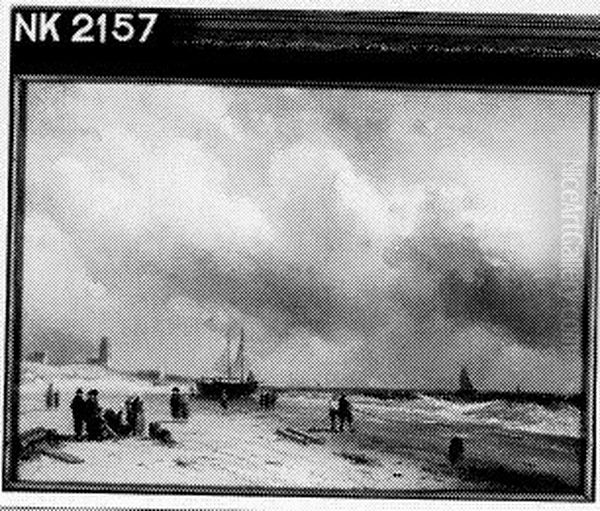 Strand met schepen en vissers Oil Painting by Charles Henri Leickert