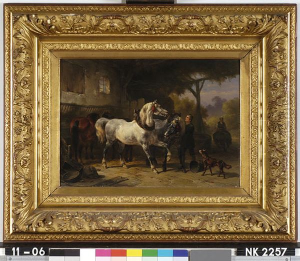 Interieur van een stal met paarden en een stalknecht Oil Painting by Wouterus Verschuur