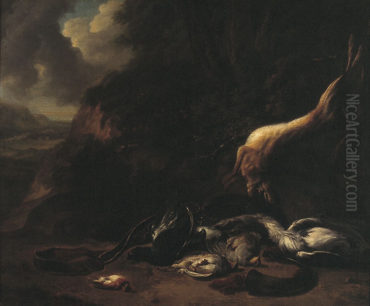 Dead game and hunting tackle in landscape Oil Painting by Jan Baptist Weenix