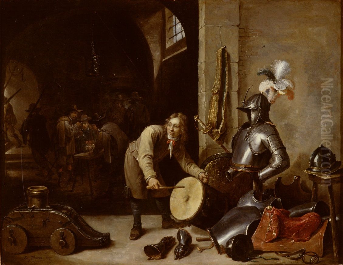 Interieur met soldaten en een jongen met een trommel Oil Painting by David Teniers the Younger