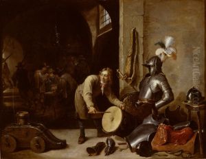 Interieur met soldaten en een jongen met een trommel