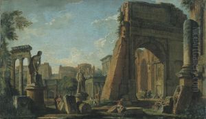 Roman Ruins in landscape with monumental statues and posing figures