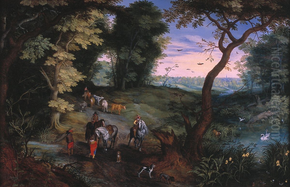 Boslandschap met ruiters en vee Oil Painting by Jan Brughel