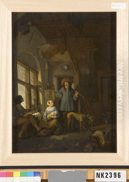 Interieur met twee mannen en een vrouw met een baby Oil Painting by Thomas Wijck