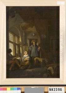 Interieur met twee mannen en een vrouw met een baby