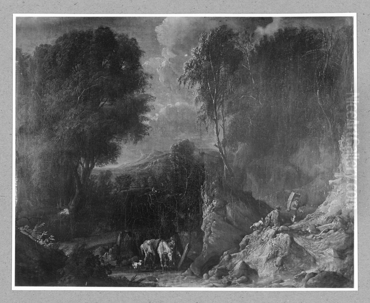 Rocky landscape with travelers Oil Painting by Cornelis Huysmans