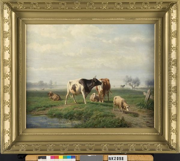 Rivierlandschap met schapen en koeien Oil Painting by Hendrik Savrij