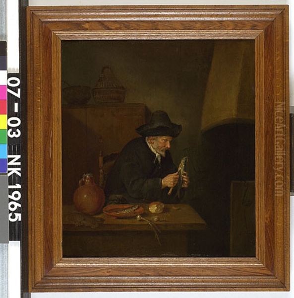 Oude man, een haring schoonmakend Oil Painting by Quirijn van Brekelenkam