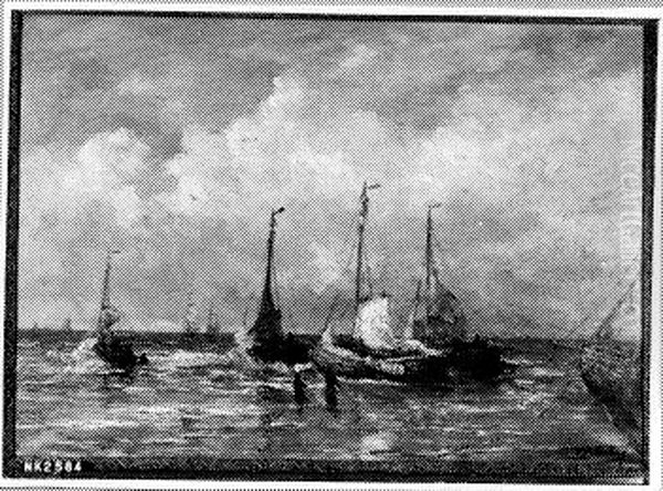 Vissersboten voor de kust Oil Painting by Hendrik Willem Mesdag