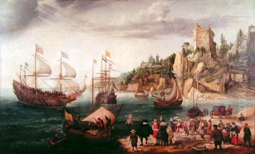 Grosse Felsenlandschaft, Stadt mit Hafen (die Einschiffung von Friedrich V., Konig von Bohmen, Kurfurst von der Pfalz) Oil Painting by Adam Willaerts