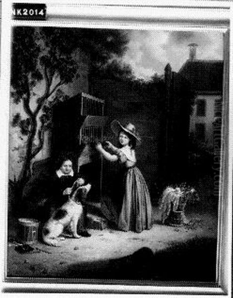 Kinderen met hond in achtertuin Oil Painting by Elisabeth Alida Haanen