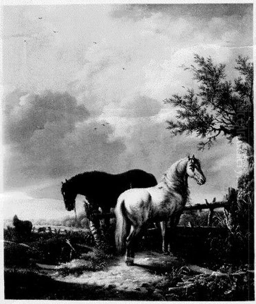 Twee paarden bij een hek Oil Painting by Jan Kobell II