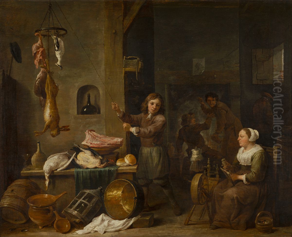 Kitchen interior with a boy and a woman with a table of game Oil Painting by David Teniers the Younger
