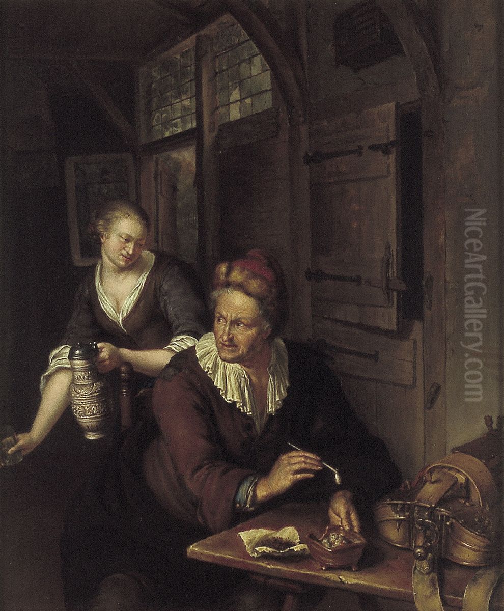 Interieur met man die een pijp stopt en een vrouw met kan Oil Painting by Willem Van Mieris Leiden