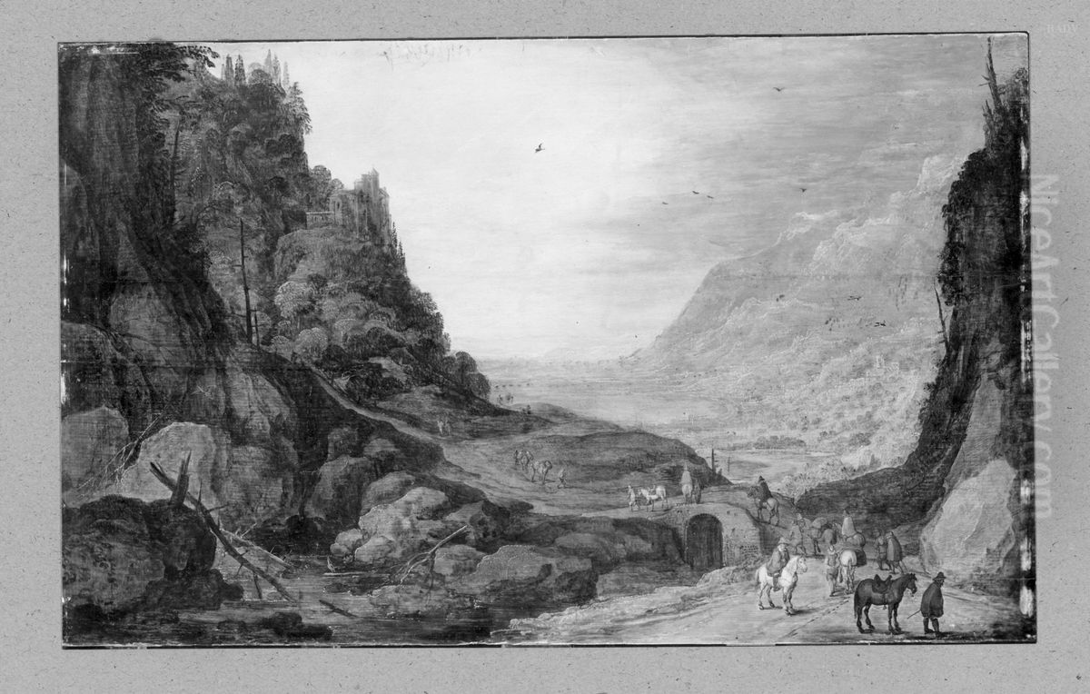 rocky landscape with riders Oil Painting by Joos de Momper the Younger