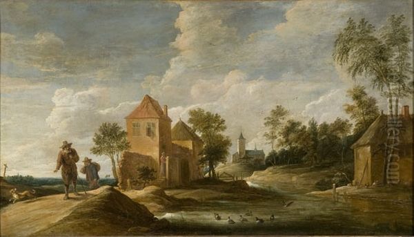 Landschap met twee reizigers en verschillende huizen langs een rivier Oil Painting by David Teniers the Younger