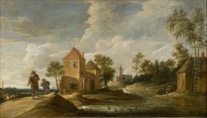 Landschap met twee reizigers en verschillende huizen langs een rivier