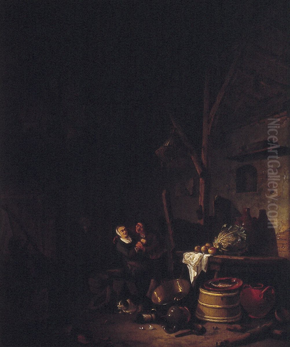 Interieur van een schuur met een boer die een vrouw het hof maakt Oil Painting by Hendrik Martenszoon Sorgh