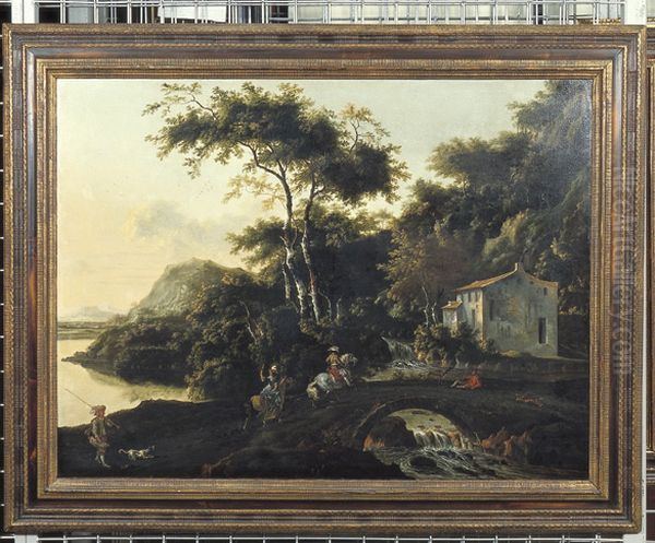 Italian landscape with horsemen on a bridge Oil Painting by Adam Pynacker
