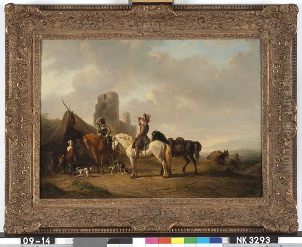 Heuvelig landschap met twee cavaleristen bij een tent van een marketentster Oil Painting by Wouterus Verschuur