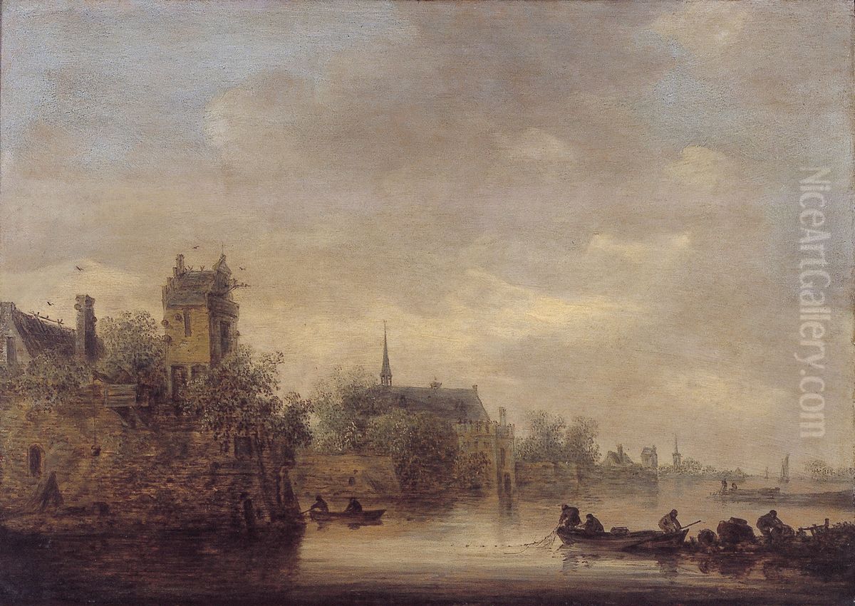 Ommuurde stad aan een rivier Oil Painting by Jan van Goyen
