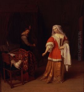 Interior scene with lady + maid