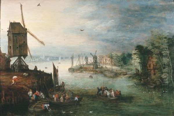 Flusslandschaft mit Windmuhlen Oil Painting by Jan Brughel