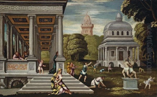 Parkszene mit biblischer Darstellung (Steinigung der Stammesaltesten) Oil Painting by Antonio Palma
