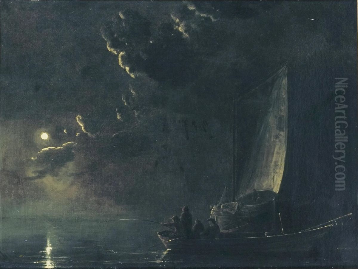 Mondlandschaft, im Vordergrund ein Angelkahn mit Fischern Oil Painting by Aelbert Cuyp