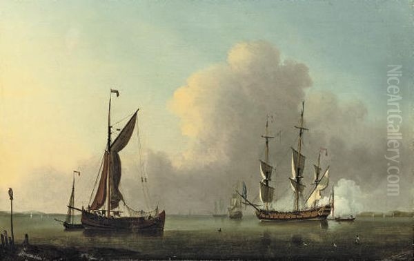 Ships in a calm sea off the coast with a man o' war firing the morning gun Oil Painting by Willem van de Velde the Younger