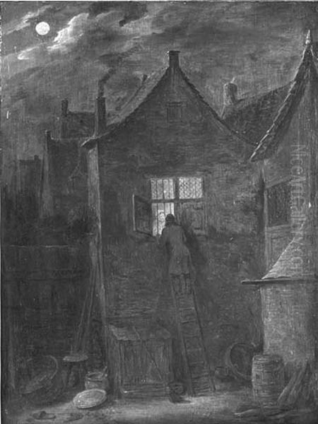 Nachtlicher Besuch, Mann auf einer Leiter vor einem Fenster eines Madchens Oil Painting by David Teniers the Younger