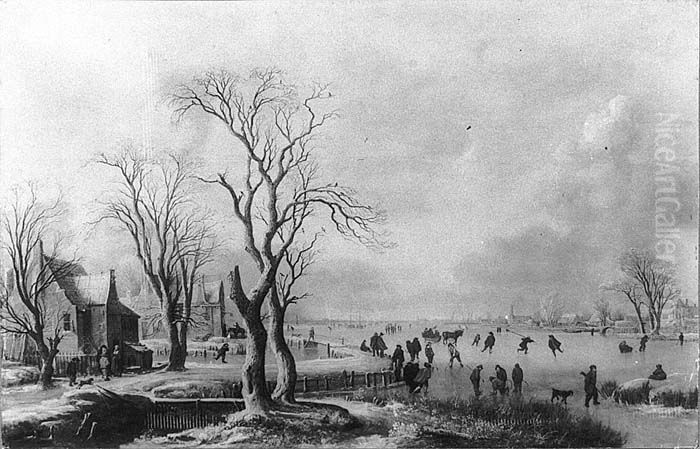 Eislandschaft mit Schlittschuhlaufern und kahlen Baumen Oil Painting by Aert van der Neer