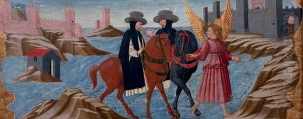 Predella: Ein Engel beschutzt zwei Dominikaner-Monche auf ihrer Reise Oil Painting by Neri di Bicciand workshop