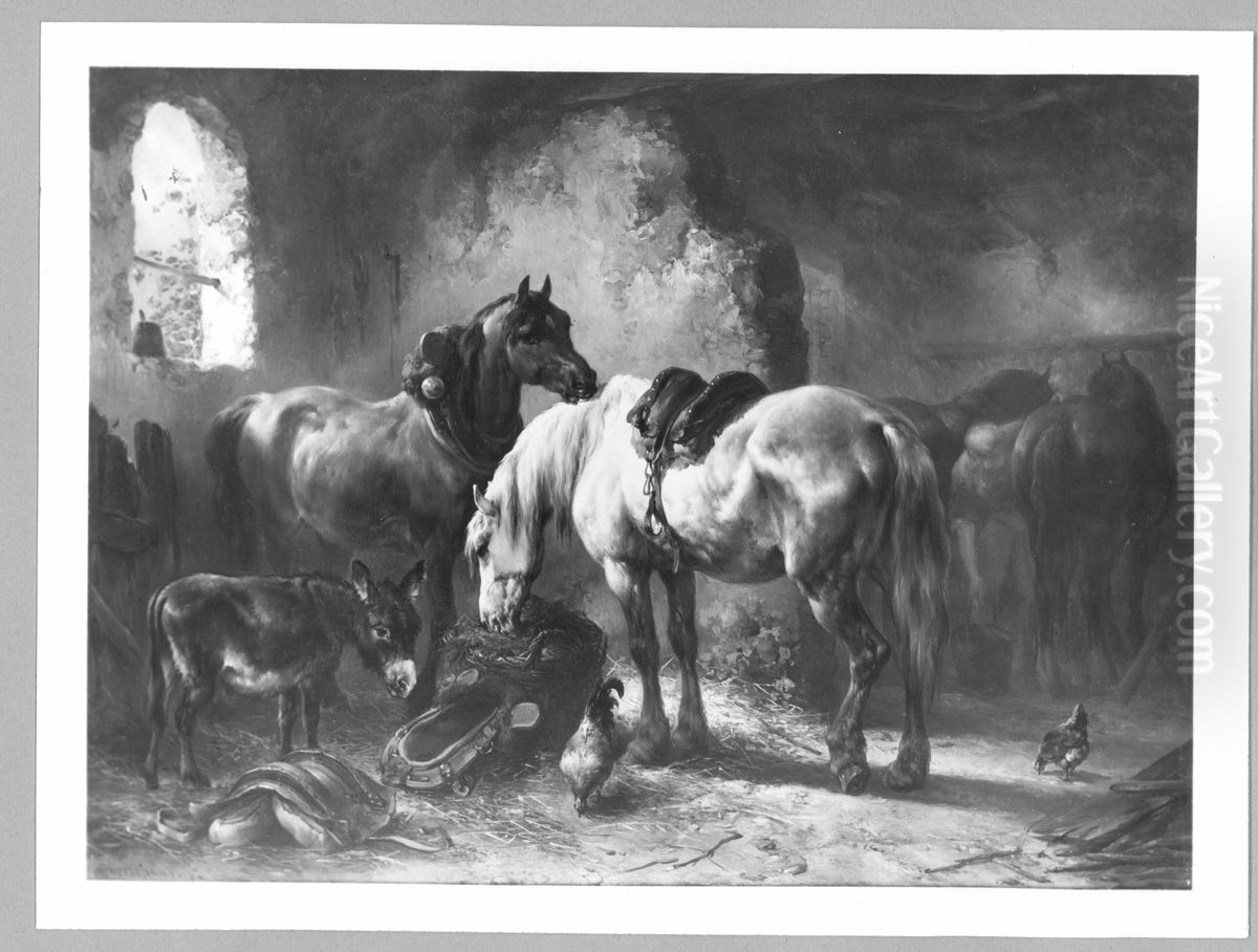 Inneres eines Pferdestalles mit vier Pferden und Esel Oil Painting by Wouterus Verschuur