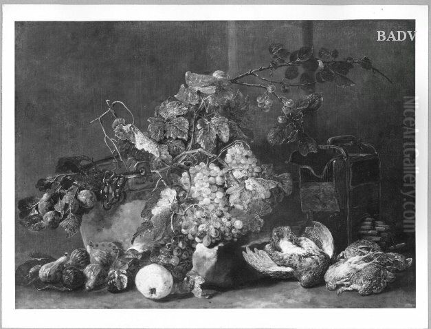 Stillleben mit Fruchten, Vogelbauer und Rebhuhnern Oil Painting by Jan Fyt