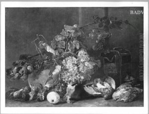 Stillleben mit Fruchten, Vogelbauer und Rebhuhnern