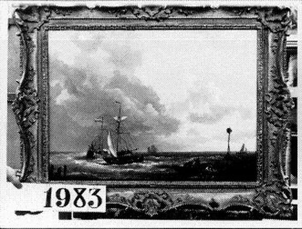 Zeegezicht - Op de voorgrond op het door zonlicht beschenen water, een tweemaster met Nederlandse vlag en een vissersschuit Oil Painting by Johannes Hermanus Barend Koekkoek