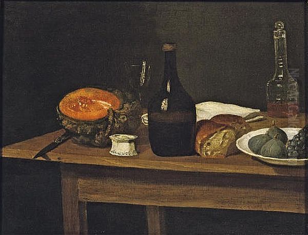 Stillleben mit Fruchten, Brot, Flaschen und einem Glas Oil Painting by Leonard Defrance