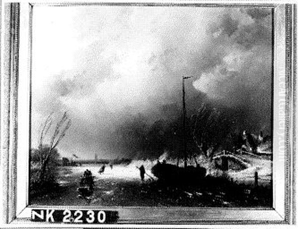 Winterlandschap - Bevroren vaart met aan de oever links een knotwilg Oil Painting by Charles Henri Leickert