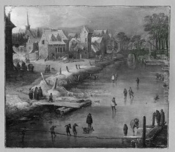 water - landscape skating people near a village Oil Painting by Frans de Momper