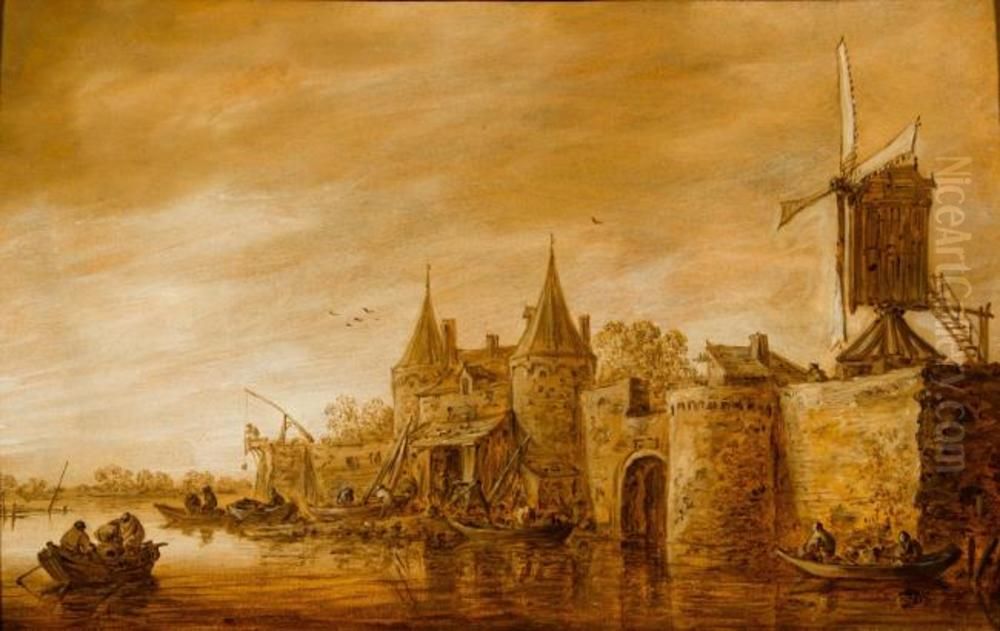 River Landscape with Windmill and City Wall Oil Painting by Jan van Goyen
