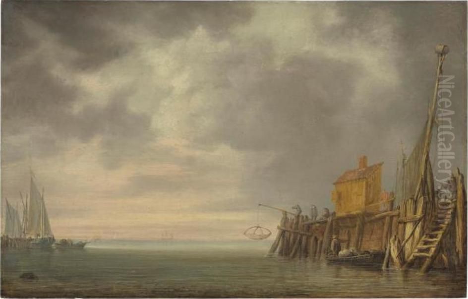 Kai mit Anglern, links Segelschiffe im Hafen Oil Painting by Simon De Vlieger