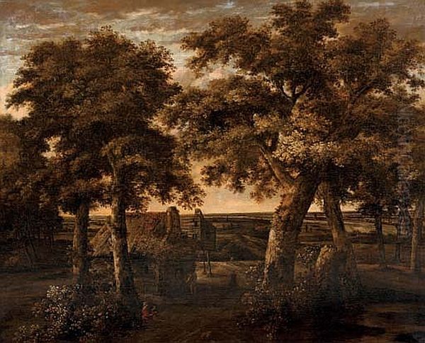 Landscape with a cottage surrounded by trees Oil Painting by Philips Koninck
