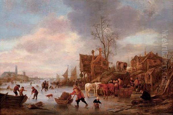 Winterlandschaft mit Fluss, Schlittschuhlaufern und Dorf Oil Painting by Isaac Van Ostade