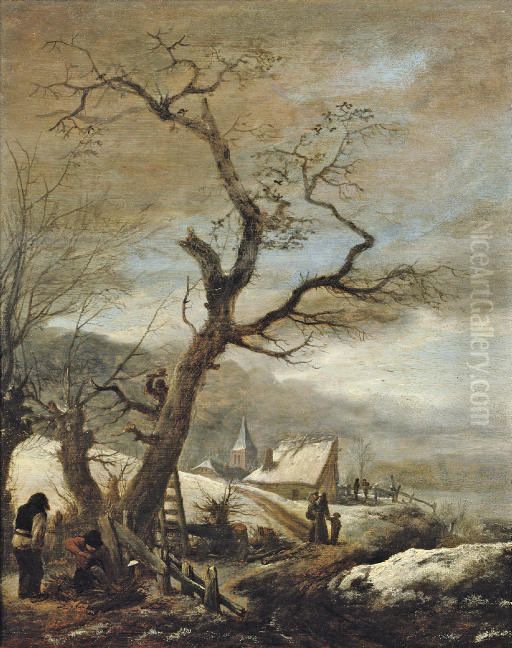 Winter landscape with woodcutters and travellers on a path to a village Oil Painting by Philips Wouwerman