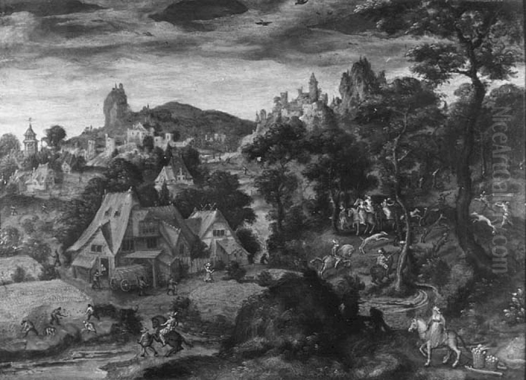 Hilly Landscape with a village with peasants and hunters Oil Painting by Lucas Gassel