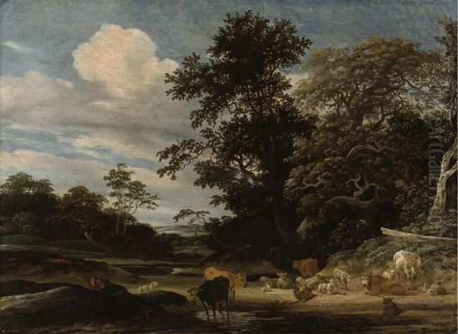 Landschaft mit Wasser, Viehherde und zwei Hirten Oil Painting by Jacob Salomonsz van Ruysdael